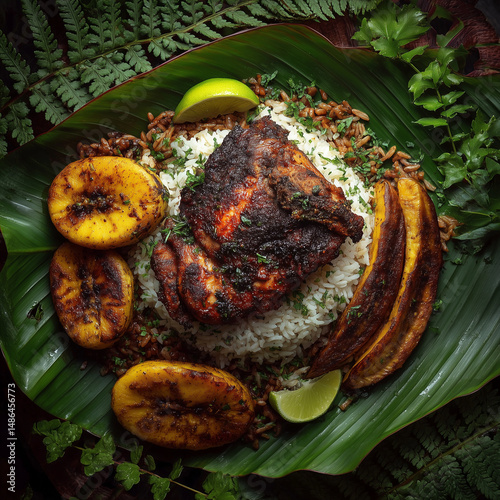 Afro-Caribbean jerk chicken with rice and plantains, served on banana leaf