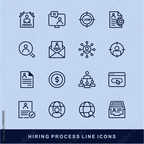 Now Hiring Process Line Icons. Recruitment, Job Application, Interview, Candidate Selection Vector Set