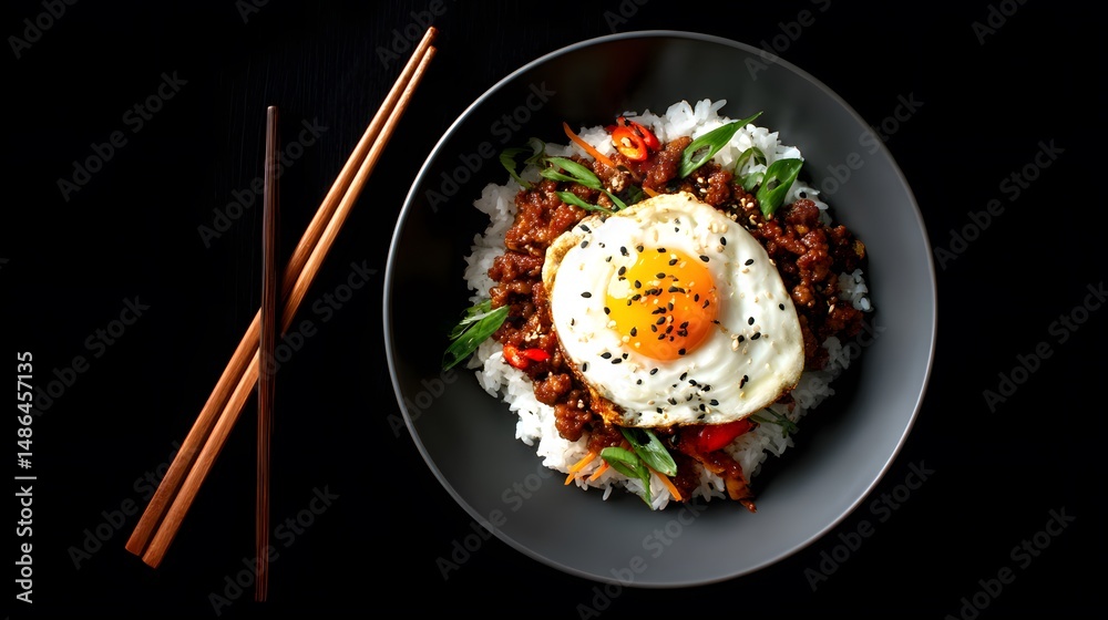 A visually appealing bowl of rice and fried egg, perfectly composed with chopsticks. A visually appealing bowl of rice and fried egg, perfectly composed with chopsticks.