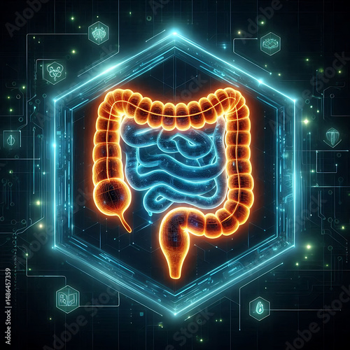 Futuristic Medical Hologram Large Intestine, Colon Rectum, Colorectal, Digestive Tract Clinical Care Cybernetic Robotic Neon Glow Translucent Circuit Board Digital Hexagon Block Backdrop Background