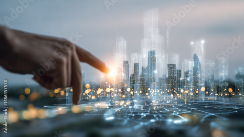 Future City Planning: Digital blueprint for urban development and technological innovation. Architecture and technology meet in this design.