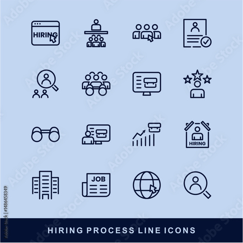Now Hiring Process Line Icons. Recruitment, Job Application, Interview, Candidate Selection Vector Set