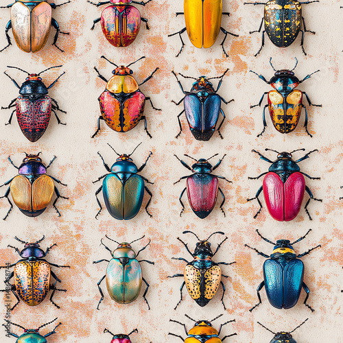 Seamless Pattern of Colorful Beetles with Iridescent Shells on Vintage Textured Background