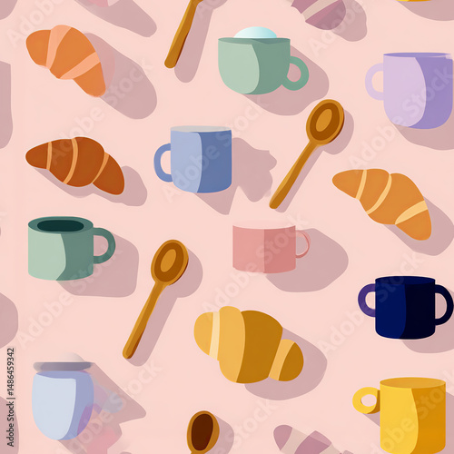 Seamless Breakfast Pattern with Colorful Cups, Spoons, and Croissants on Soft Pink Background
