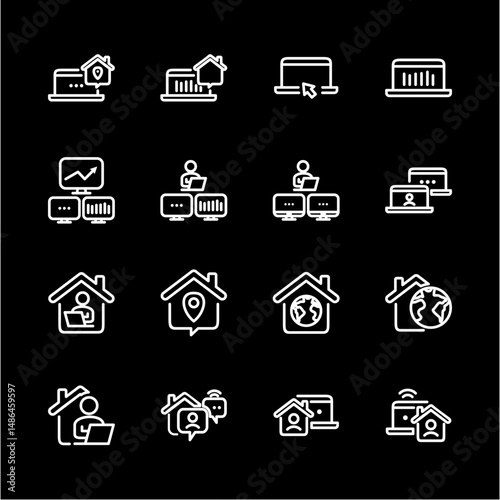 Remote Work Line Icons . Freelancer Work from Home, Video Call, Online Meeting, Teleconference Vector Set