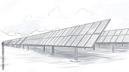 Sketch of solar panels farm landscape
