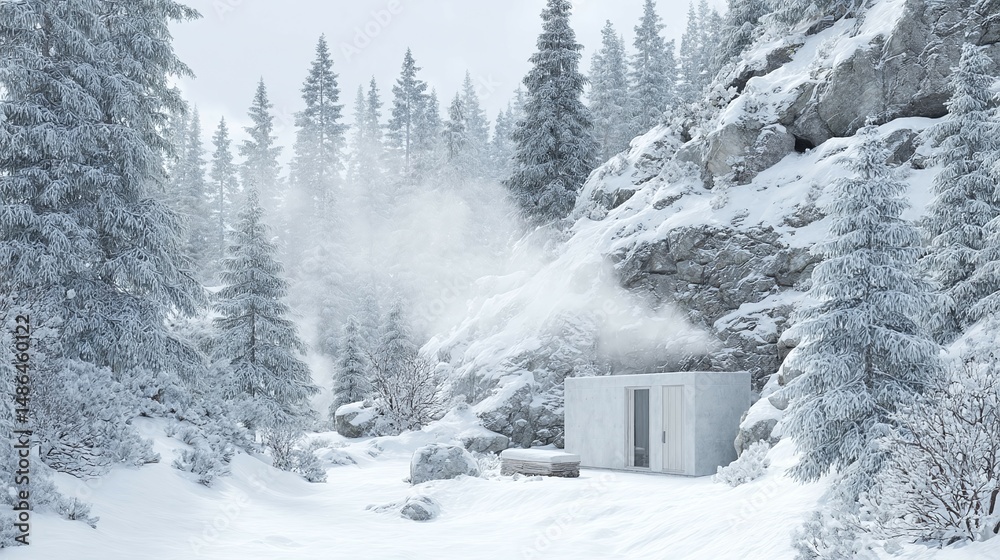 Naklejka premium Small building with smoke in snowy forest landscape during winter season.