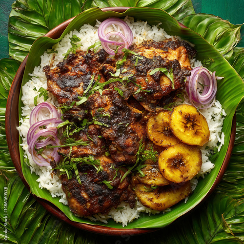 Afro-Caribbean jerk chicken with rice and plantains, served on banana leaf