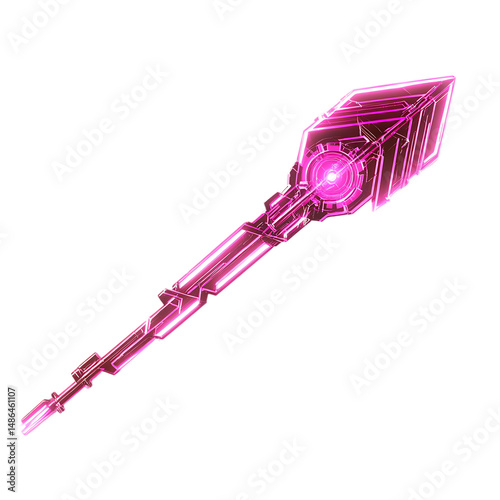 Futuristic Arrow with Digital Motifs in Neon Magenta Isolated on Transparent Background