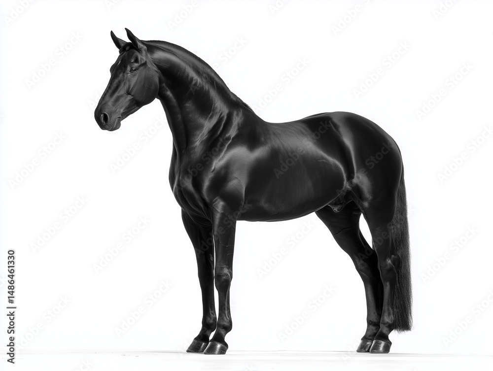Fototapeta premium Elegant Black Horse on White Background / 흰 배경 위의 우아한 검은 말