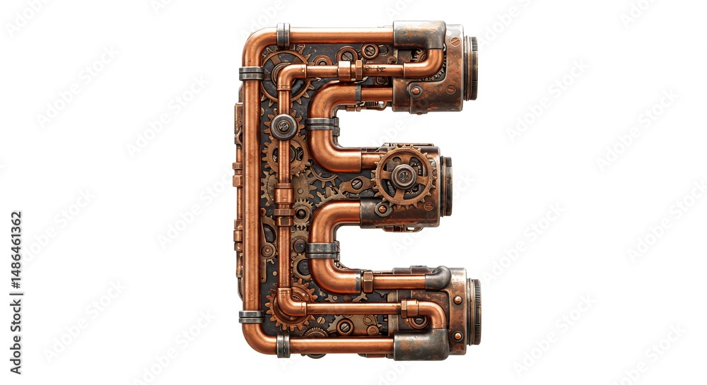 Fototapeta premium Industrial Steampunk Letter E Design of Copper Pipes and Mechanical Gears and Cogs