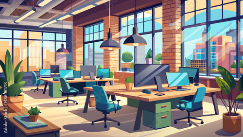 Modern coworking space interior with minimalist office furniture, computer desks, and chairs in a spacious loft-style room with large windows. 3D Rendering