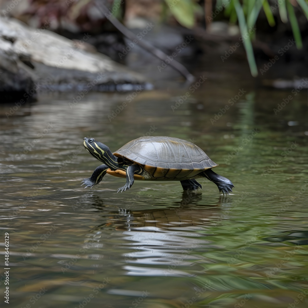 Obraz premium A turtle gracefully moving through the calm water. The turtle has a smooth shell and long limbs, creating a captivating sight. The environment is natural, making for a lovely visual