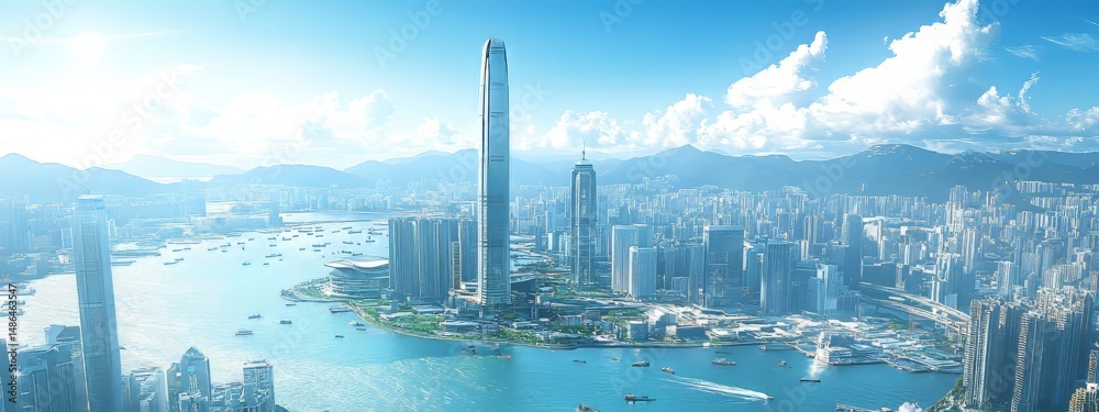 Obraz premium Panoramic View of Hong Kong Skyline with River and Skyscrapers – Urban Architecture & Travel Destination Concept