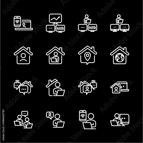 Remote Work Line Icons . Freelancer Work from Home, Video Call, Online Meeting, Teleconference Vector Set