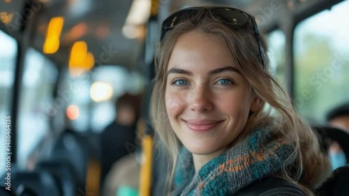 Wallpaper Mural Joyful Commute: A young woman, radiating warmth with a genuine smile, gazes out the window of a bus, encapsulating the simple beauty of daily travel. Torontodigital.ca