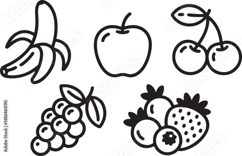 Simple black outline illustrations of various fruits including a banana, apple, cherries, grapes, and mixed berries