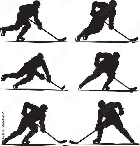 Dynamic Ice Hockey Players Silhouette Set, Intense Action Poses on Ice Rink