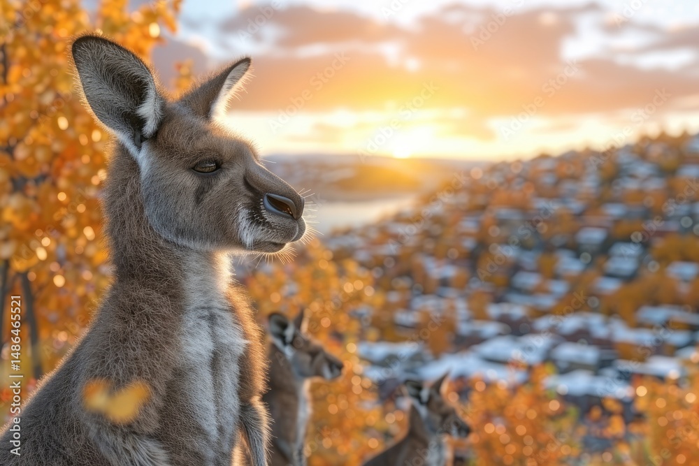 Fototapeta premium Kangaroos at golden hour, overlooking a landscape.