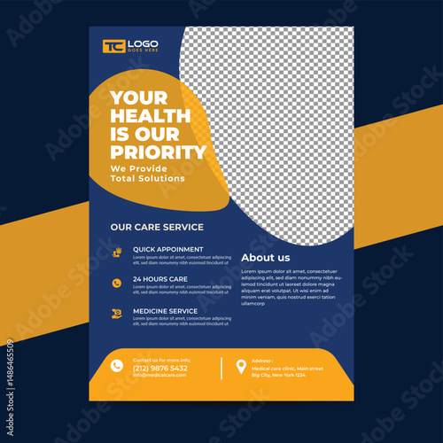 Medical healthcare flyer design template, Corporate Medical Flyer Minimal and clean medical flyer design vector template, Healthcare Flyer Layout with Blue Accents, medical a4 flyer design template.