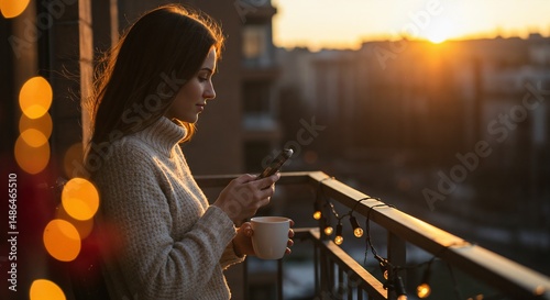 Young woman texting on smartphone while standing on balcony at sunset  