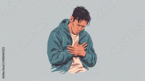 Depressed man clutching his chest in illustration.