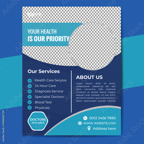 Medical healthcare flyer design template, Corporate Medical Flyer Minimal and clean medical flyer design vector template, Healthcare Flyer Layout with Blue Accents, medical a4 flyer design template.