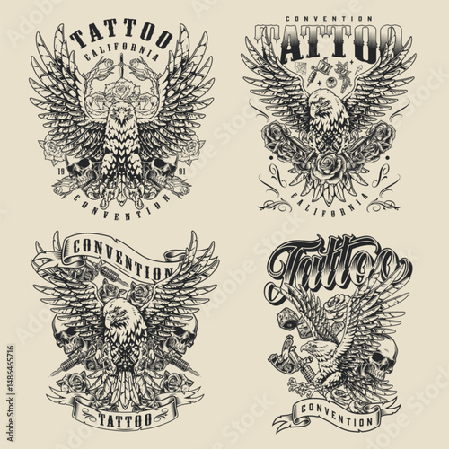 Stylish tattoo convention artwork featuring eagles