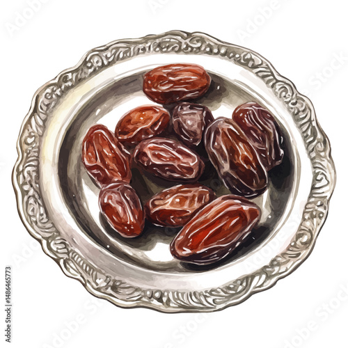 Dates Arranged On A Silver Plate, watercolor illustration vector, high quality, isolated on a white background.