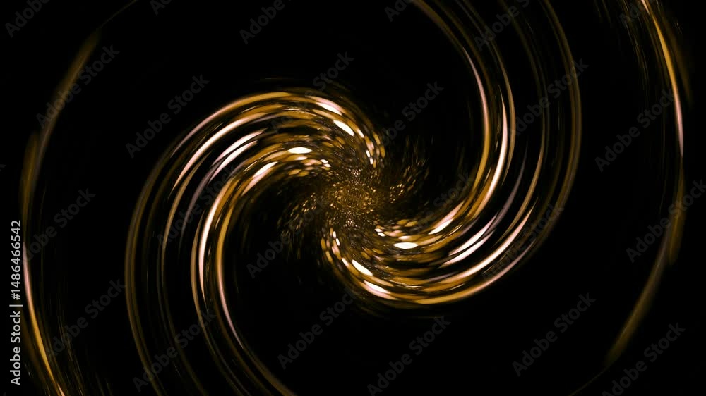 Spiralförmige abstrakte innovative Grafik – wellenförmige dynamische fliessende Transformation, Dynamik, Design, Technologie, Wissenschaft, Zentrum, Mitte, Hintergrund, goldgelb, schwarz
