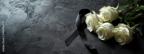 White roses flat lay with black mourning ribbon on dark background