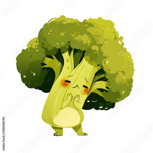 Sad kawaii broccoli cartoon on transparent PNG background