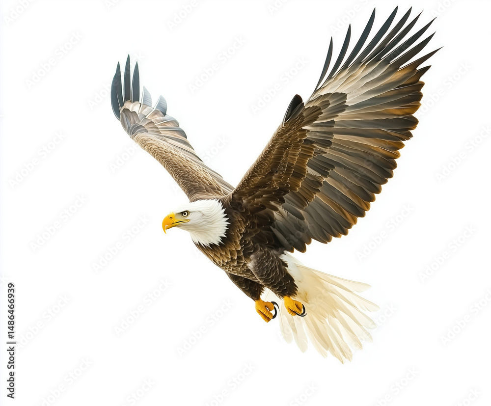 Obraz premium A majestic bald eagle soars in flight, wings spread wide against a white background