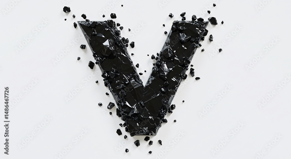 Obraz premium Dramatic Letter V Made of Black Crushed Material on Isolated White Background Display