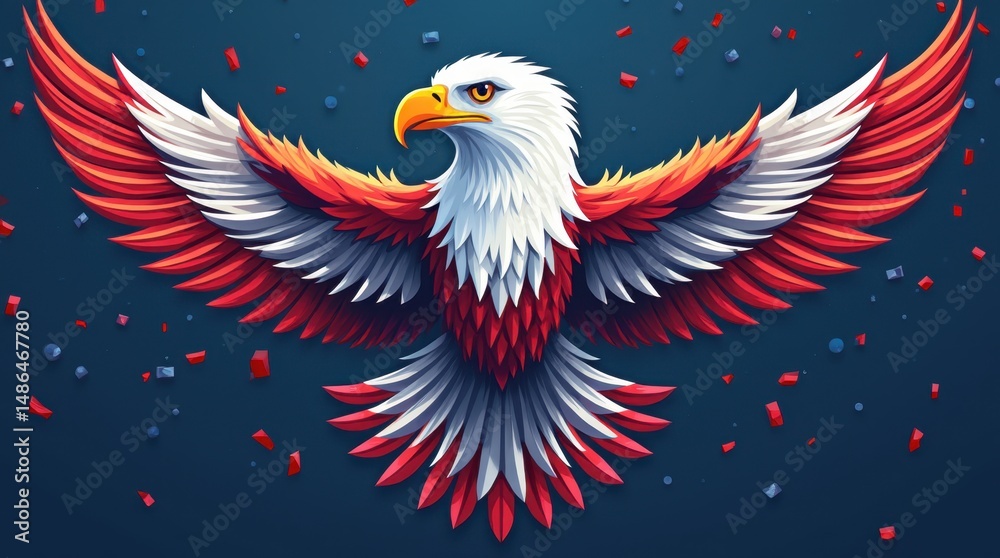 Fototapeta premium American eagle with stylized digital elements, feathers morphing into geometric red, white, and blue shapes, modern background