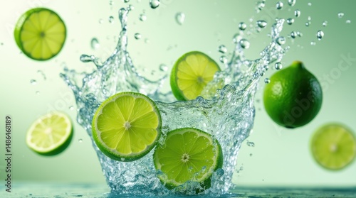 Dynamic splash of crystal-clear water with fresh sliced limes in mid-air, vibrant green colors, droplets frozen in motion, refreshing and energetic scene.