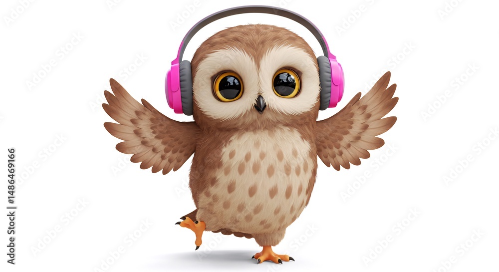 Fototapeta premium Animated Owl With Pink Headphones Dancing on a White Background is Isolated