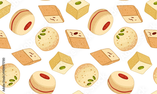 seamless diwali mithai pattern traditional indian halwa sweets for festive wallpaper, festival design, textiles packaging food market decoration