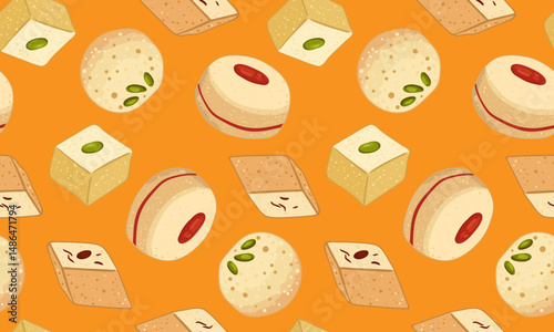 seamless pattern of traditional indian sweets including halwa mithai orange background sweet oriental food