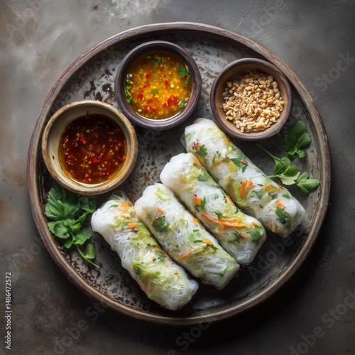 Fresh Vietnamese spring rolls with rice paper and dipping sauces