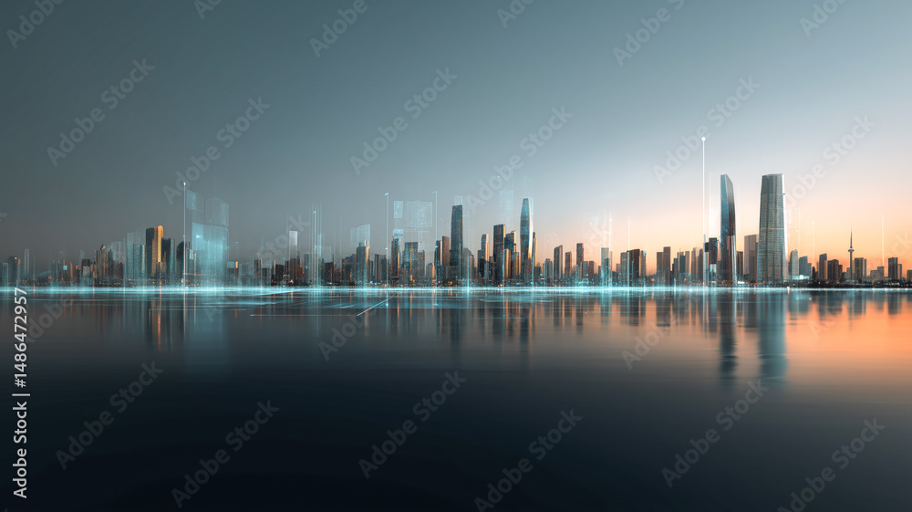 Obraz premium Urban future skyline reflecting in water. Futuristic technology connecting the cityscape, emphasizing progress and connectivity.