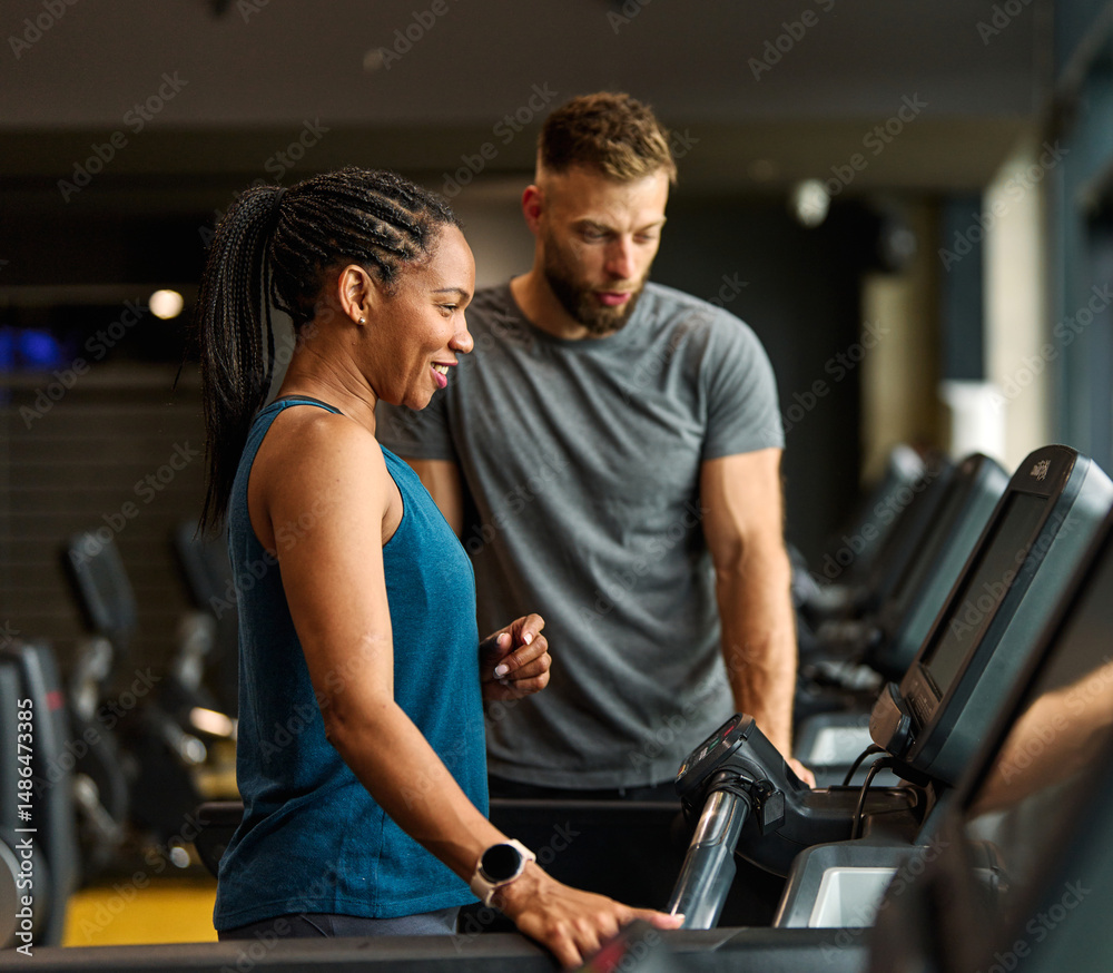 Obraz premium gym sport fitness exercise health woman treadmill training coach trainer instructor personal running equipment healthy indoor fit machine active workout