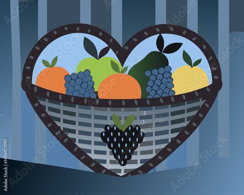 Fruit basket in heart shape filled with colorful fruits  