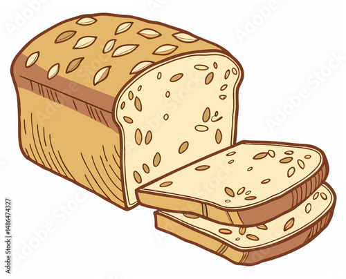 Whole grain bread loaf with sliced pieces on white background  