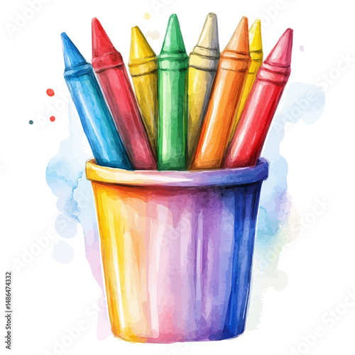 Colorful Crayons In A Cup, watercolor drawing vector, high quality, isolated on a white background.