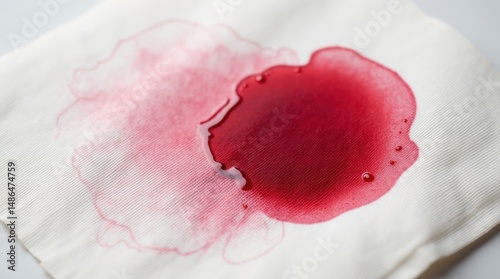 Close-up of red wine stain on white cotton napkin, showing detailed fabric texture and spill pattern 