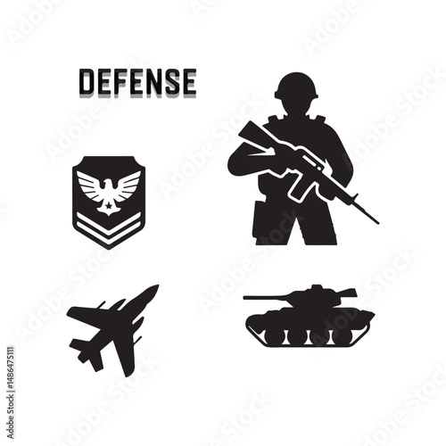 Military Icon Set Vector Black Silhouettes of Soldiers Weapons Badges and Defense Vehicles