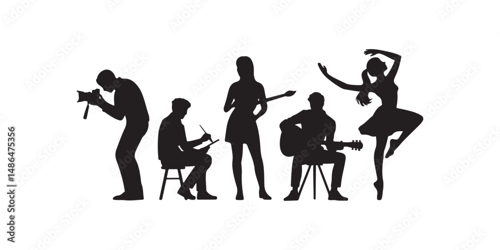 Obraz premium Artistic Professions Icon Set Vector Black Silhouettes of Photographers Designers Painters Musicians and Dancers