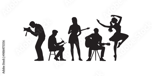 Artistic Professions Icon Set Vector Black Silhouettes of Photographers Designers Painters Musicians and Dancers