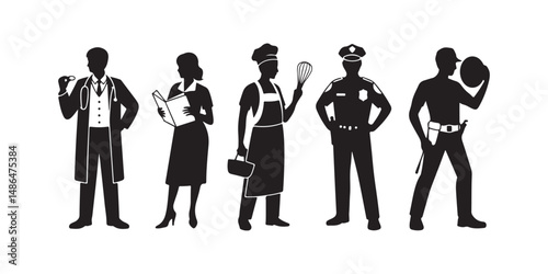 Jobs and Occupations Icon Set Vector Black Silhouettes of Doctors Teachers Chefs Police and Construction Workers